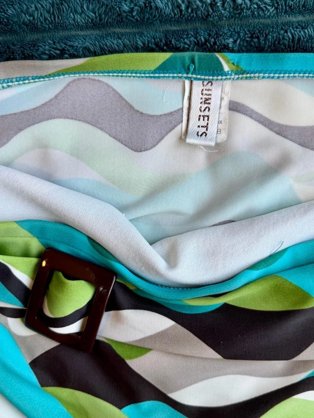 Sunsets Retro Belted Swim Mini Skirt -Wavy Stripe Turquoise & Green- Sz XL / L